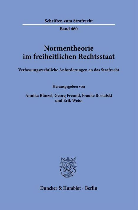 "Normentheorie im freiheitlichen Rechtsstaat" steht im Zentrum auf blauem Hintergrund. Unten das Logo von Duncker & Humblot.