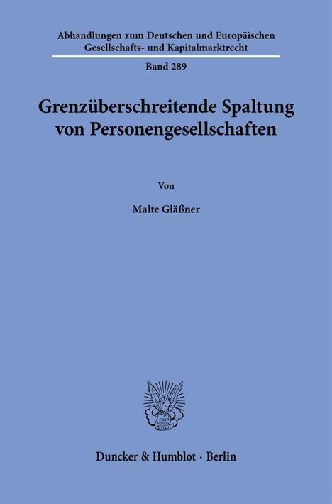 Titel: "Grenzüberschreitende Spaltung von Personengesellschaften", Autor: Malte Gläßner. Blauer Hintergrund.