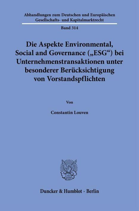 Titel: Die Aspekte Environmental, Social and Governance (ESG)... von Constantin Louven. Verlag: Duncker & Humblot, Berlin.