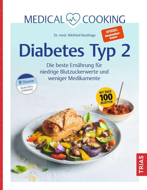 „Diabetes Typ 2“; über 100 Rezepte; Essensfoto mit Fleischrolle, Gemüse und Dip; Logo: Herz und EKG-Linie.