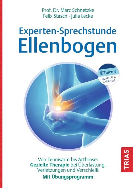 Experten-Sprechstunde Ellenbogen. Illustration zeigt blaues Röntgenbild eines Ellenbogens, der von Händen gehalten wird.