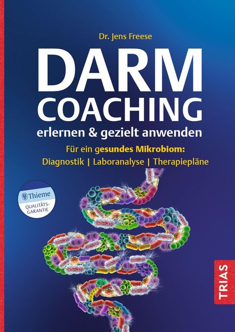 „Dr. Jens Freese: DARM COACHING erlernen & gezielt anwenden.“ Bunte, verdrehte Formen auf blauem Hintergrund.