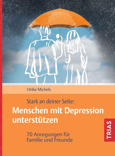 "Stark an deiner Seite: Menschen mit Depression unterstützen". Illustration: Zwei Personen mit Schirm im Regen.