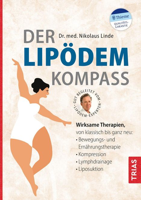 "DER LIPÖDEM KOMPASS" von Dr. med. Nikolaus Linde. Illustration: Frau tanzt. Texte über Therapieoptionen für Lipödem.
