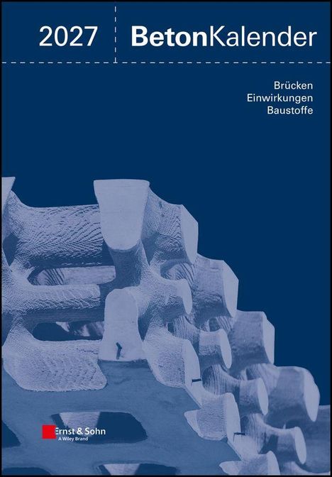 2027 BetonKalender. Brücken, Einwirkungen, Baustoffe. Oben ein abstraktes weiß-blaues Betonmuster auf dunkelblauem Hintergrund.