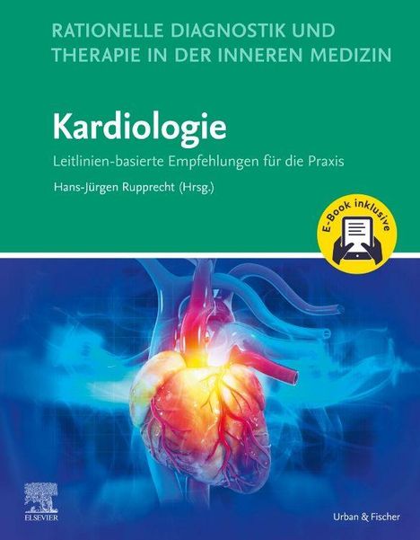 „Kardiologie. Leitlinien-basierte Empfehlungen für die Praxis.“ Illustration eines Herzens mit Arterien und Venen.