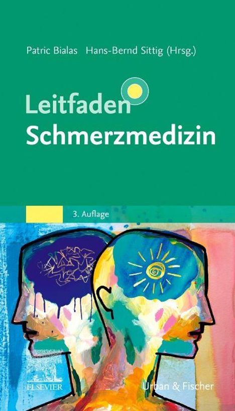 Text: "Leitfaden Schmerzmedizin. 3. Auflage." Oben grüne Fläche, unten eine bunte, abstrakte Illustration von zwei Köpfen.