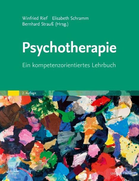 "Psychotherapie: Ein kompetenzorientiertes Lehrbuch." Grüner Hintergrund, bunte, abstrakte Kunst unten.