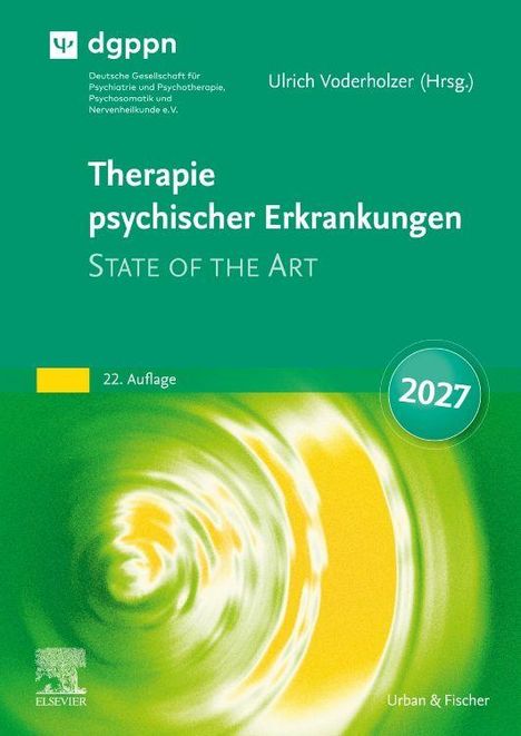 „Therapie psychischer Erkrankungen: State of the Art“, 22. Auflage, 2027. Grüner Hintergrund mit abstraktem Design.
