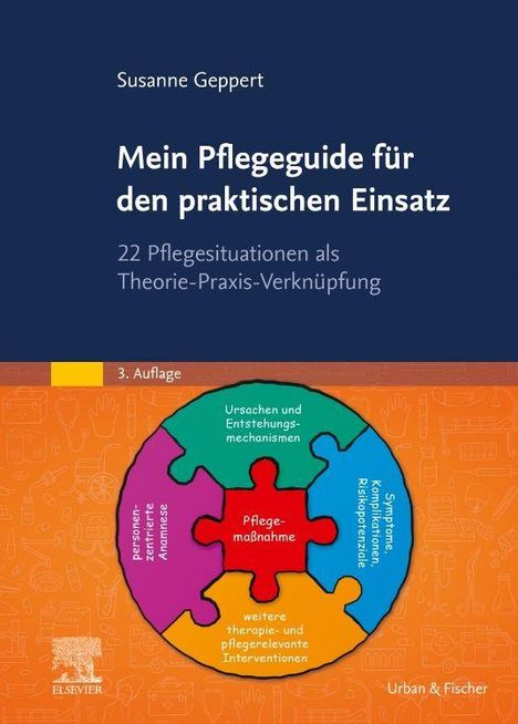 „Mein Pflegeguide für den praktischen Einsatz“ von Susanne Geppert, 3. Auflage. Ein Puzzle-Diagramm in der Mitte.