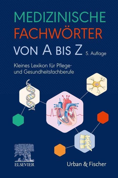 „Medizinische Fachwörter von A bis Z. 5. Auflage. Kleines Lexikon für Pflege- und Gesundheitsfachberufe.“ Illustrationen von DNA, Herz, Nerven.