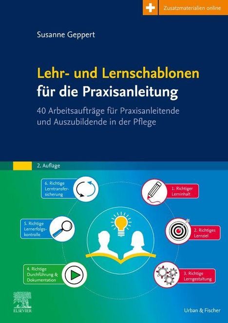 Cover eines Buches von Susanne Geppert. Titel: "Lehr- und Lernschablonen für die Praxisanleitung". Farbschema: Blau und Grün.