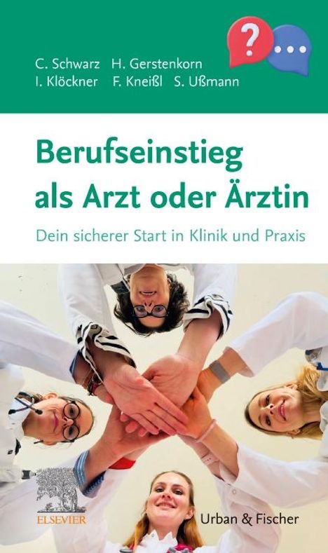 "Berufseinstieg als Arzt oder Ärztin. Dein sicherer Start in Klinik und Praxis." Fünf Menschen stehen in einem Kreis zusammen.