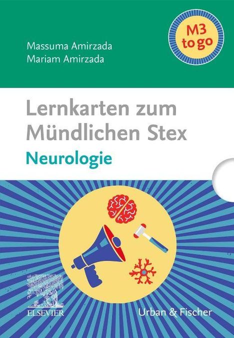 „Lernkarten zum Mündlichen Stex Neurologie“ steht auf einem Cover mit Illustrationen von Gehirn und medizinischen Symbolen.