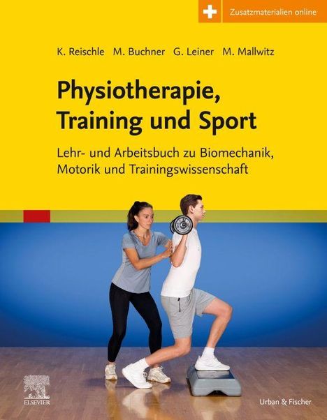 Buchtitel: "Physiotherapie, Training und Sport". Zwei Personen im Training: Hantelübungen mit Unterstützung.