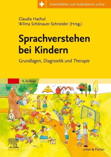 Text: "Sprachverstehen bei Kindern. Grundlagen, Diagnostik und Therapie. Mit Audiodateien." Bunte Illustrationen von spielenden Kindern.