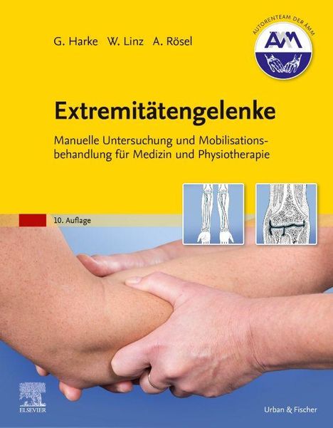 "Extremitätengelenke", gelbes Cover mit Hand am Ellbogen und anatomischen Diagrammen. Oben Autorennamen und Logo der AQM.