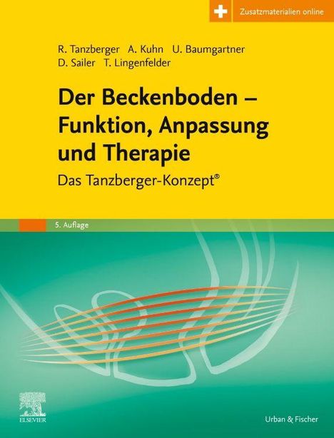 „Der Beckenboden – Funktion, Anpassung und Therapie. Das Tanzberger-Konzept. 5. Auflage.“ Gelber und grüner Hintergrund.