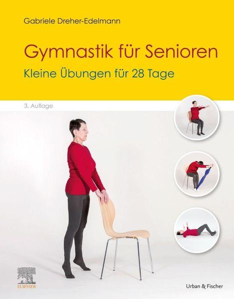 "Gymnastik für Senioren" und "Kleine Übungen für 28 Tage" stehen oben. Eine Frau macht Übungen mit einem Stuhl.