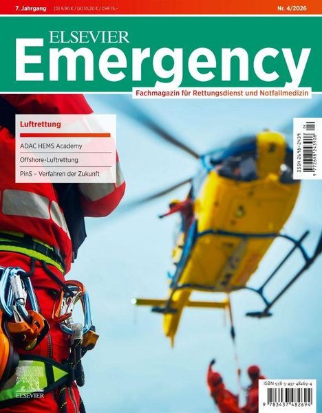 Texte: "Elsevier Emergency", "Fachmagazin für Rettungsdienst und Notfallmedizin", "Luftrettung", "ADAC HEMS Academy."  
Hintergrund: Ein Rettungshubschrauber in der Luft, Fokus auf Sicherheitsausrüstung.