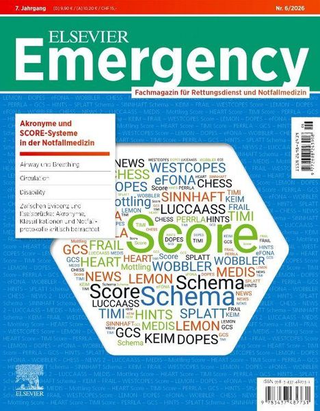 Elsevier Emergency Magazincover, Fachmagazin für Rettungsdienst. Thema: Akronyme und SCORE-Systeme in der Notfallmedizin.