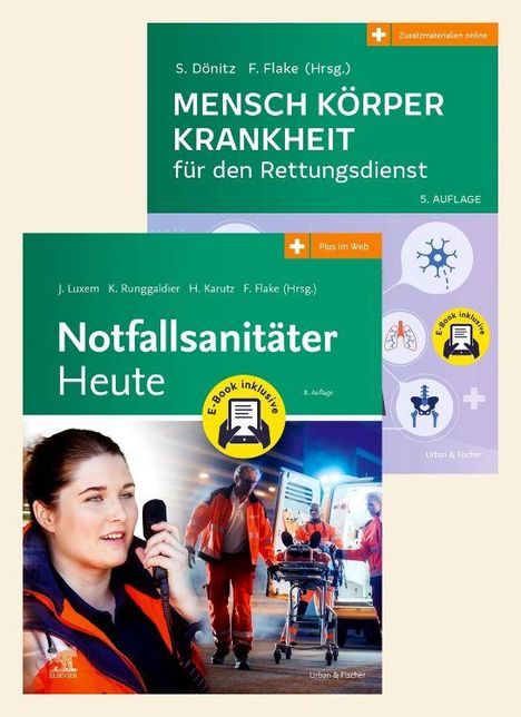 Zwei Buchcover: "Notfallsanitäter Heute", "Mensch Körper Krankheit für den Rettungsdienst". Rettungsdienst-Szenen und Symbole.