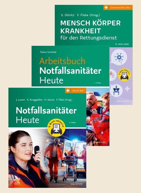 Buchtitel: "Mensch Körper Krankheit", "Arbeitsbuch Notfallsanitäter Heute", "Notfallsanitäter Heute". Cover-Bilder von Notfallsanitätern.