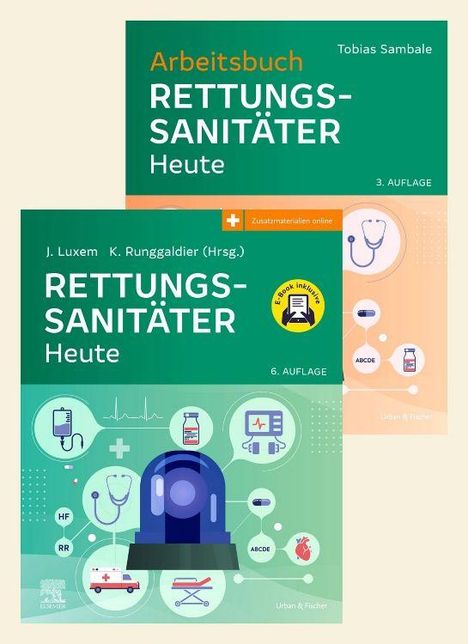 „Rettungssanitäter Heute“, 6. Auflage, enthält E-Book; „Arbeitsbuch Rettungssanitäter“, 3. Auflage. Cover mit medizinischen Symbolen.