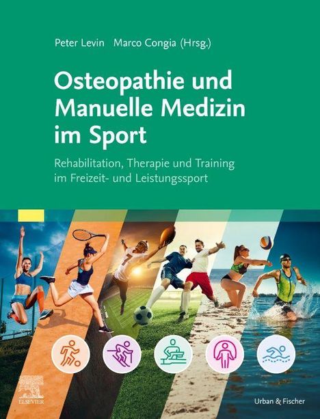 Titel: Osteopathie und Manuelle Medizin im Sport. Sportler in Aktion, Symbole für Rehabilitation und Training.