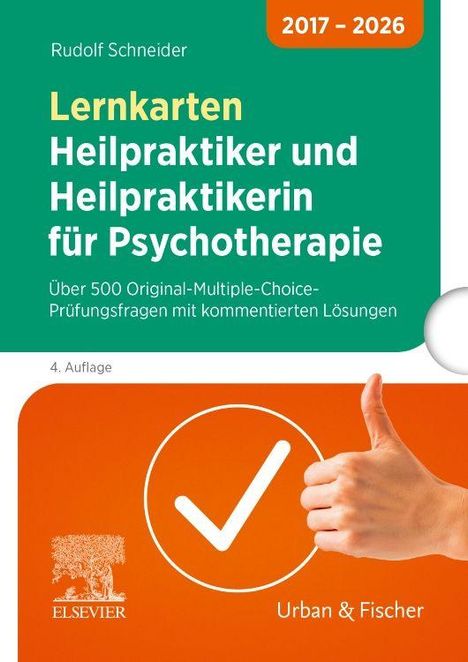 Rudolf Schneider, Lernkarten Heilpraktiker Psychotherapie, 2017–2026, 4. Auflage, Daumen hoch, Häkchen.