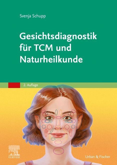 "Svenja Schupp, Gesichtsdiagnostik für TCM und Naturheilkunde, 2. Auflage, Urban & Fischer" steht auf grünem Hintergrund. Unten ist eine Illustration von einem Gesicht mit farbigen Markierungen.