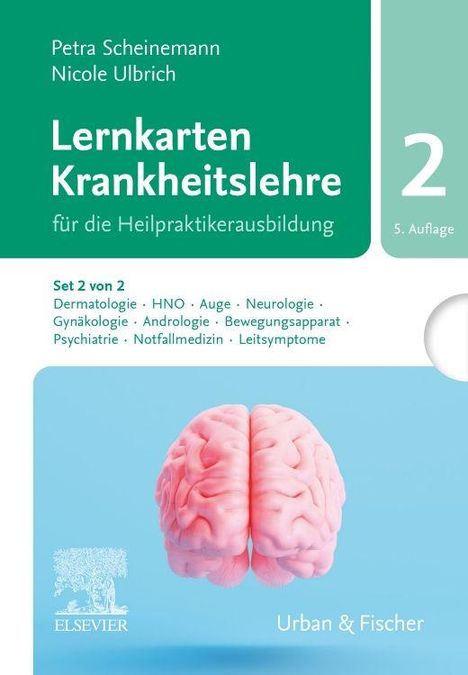 "Lernkarten Krankheitslehre" von Petra Scheinemann und Nicole Ulbrich, 5. Auflage. Illustration eines Gehirns.