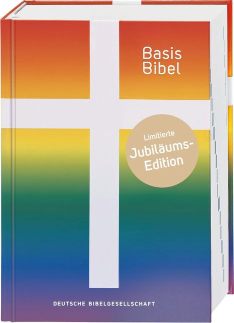 „BasisBibel“, „Limitierte Jubiläums-Edition“ sind auf einem bunten Cover mit einem großen weißen Kreuz abgebildet.