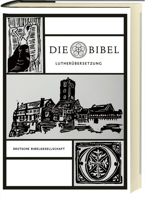 "DIE BIBEL LUTHERÜBERSETZUNG" und "DEUTSCHE BIBELGESELLSCHAFT". Illustration von Kirchengebäude und Hand mit Hammer.