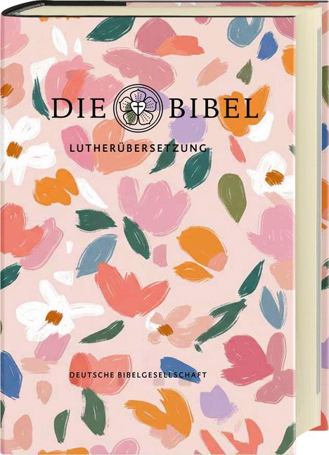 „DIE BIBEL“ mit einem stilisierten Rosen-Logo, umgeben von floralen Mustern in bunten Pastellfarben.