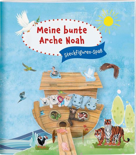 "Meine bunte Arche Noah. Steckfiguren-Spaß." zeigt Illustrationen von Tieren und Menschen auf einer Arche unter einer Sonne.