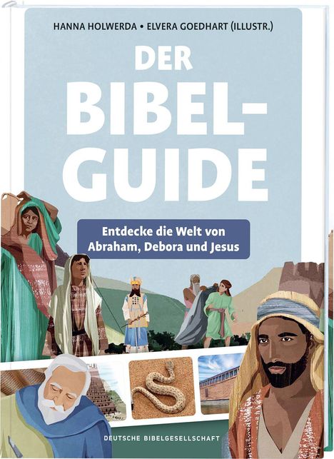Buchtitel: "Der Bibel-Guide". Unten Bilder von Personen, einer Schriftrolle, einer Schlange und einem Gebäude.