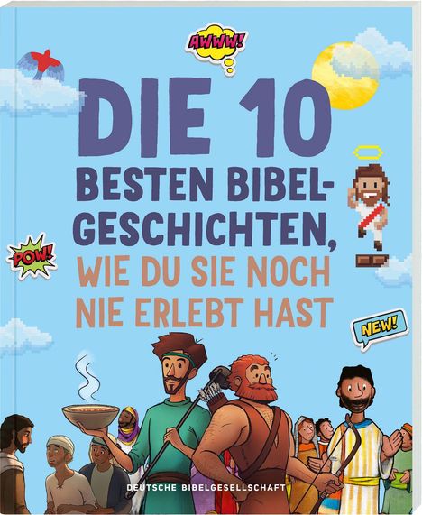 "Die 10 besten Bibelgeschichten, wie du sie noch nie erlebt hast" mit Comics im Cartoonstil und Pixelgrafiken.