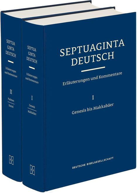 Zwei blaue Bücher mit Titeln: "SEPTUAGINTA DEUTSCH", "Erläuterungen und Kommentare". Band I: Genesis bis Makkabäer.
