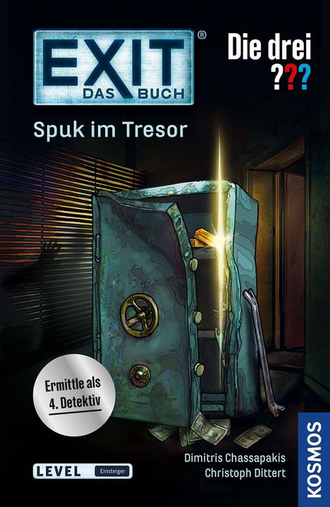 Text: "EXIT Das Buch", "Spuk im Tresor", "Die drei ???", "Ermittle als 4. Detektiv", "LEVEL: Einsteiger". Illustration eines geöffneten Tresors.