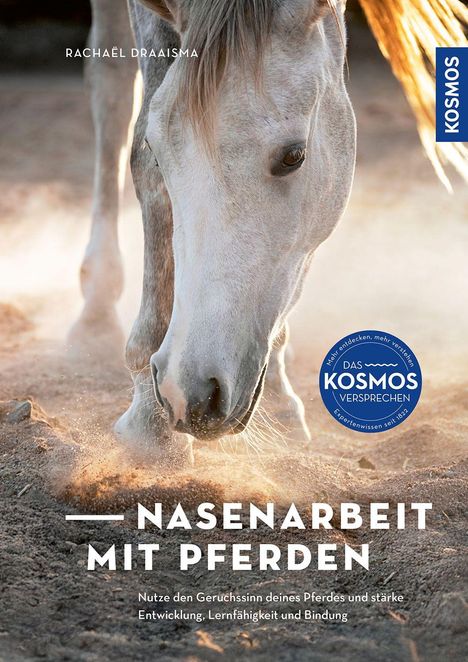 "Nasenarbeit mit Pferden" steht in großer Schrift. Darunter ist ein Pferd zu sehen, das mit der Nase den Boden berührt.