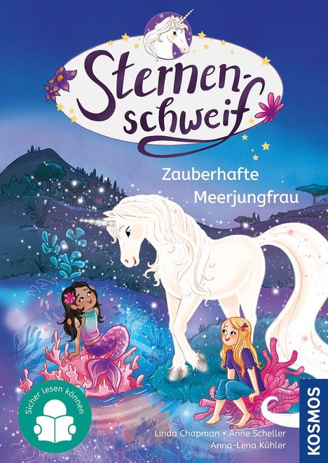 "Sternenschweif: Zauberhafte Meerjungfrau" steht in geschwungenen Lettern. Ein Einhorn, eine Meerjungfrau und ein Mädchen sind farbenfroh dargestellt.