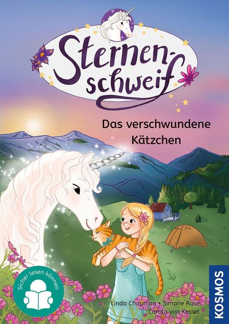 „Sternenschweif. Das verschwundene Kätzchen“. Ein Einhorn mit Mädchen und Katze vor Bergkulisse, Zelt und Blumen.