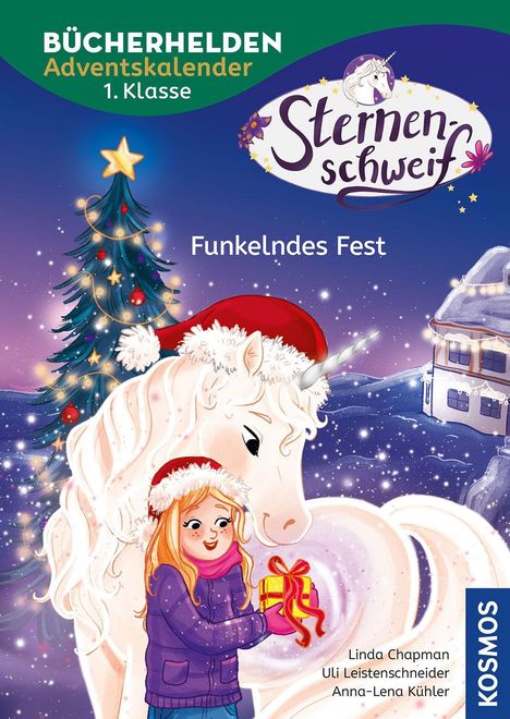 "BUCHERHELDEN Adventskalender 1. Klasse. Sternenschweif: Funkelndes Fest. Illustration: Mädchen mit Einhorn bei Tannenbaum."