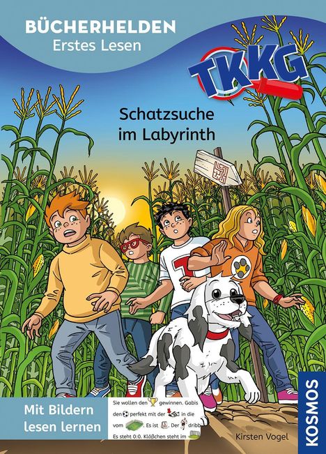 „Bücherhelden Erstes Lesen“, „Schatzsuche im Labyrinth“, „Mit Bildern lesen lernen“, vier Kinder und ein Hund im Maisfeld.