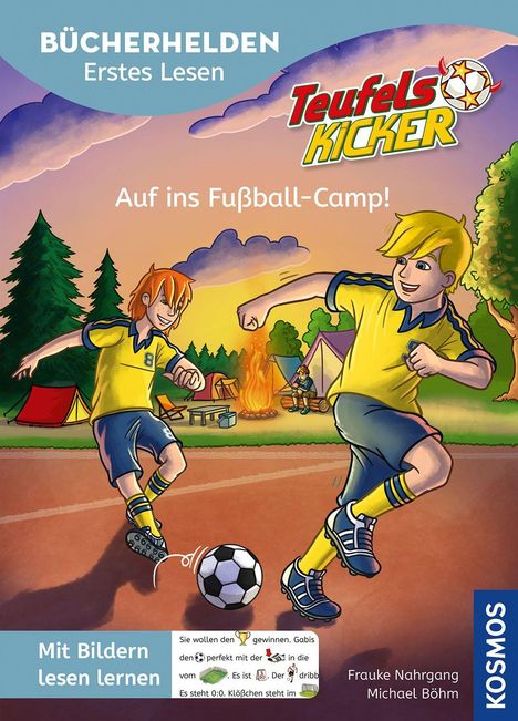 "Bücherhelden Erstes Lesen", "Teufelskicker", "Auf ins Fußball-Camp!", Illustration von spielenden Kindern im Fußball-Outfit vor Zelten.