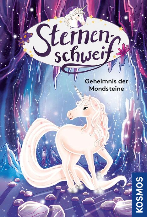 „Sternenschweif. Geheimnis der Mondsteine.“ Ein weißes Einhorn in einer funkelnden, magischen Höhle.