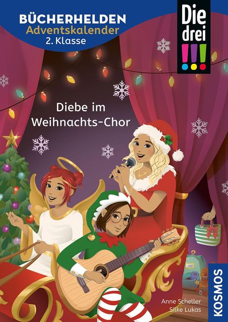 BÜCHERHELDEN Adventskalender 2. Klasse: Diebe im Weihnachts-Chor. Ein Engel, eine Person im Weihnachtself-Kostüm mit Gitarre.