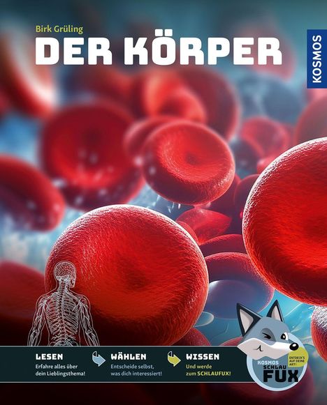 Text: "DER KÖRPER, LESEN, WÄHLEN, WISSEN". Illustration von roten Blutkörperchen und ein stilisiertes Skelett.