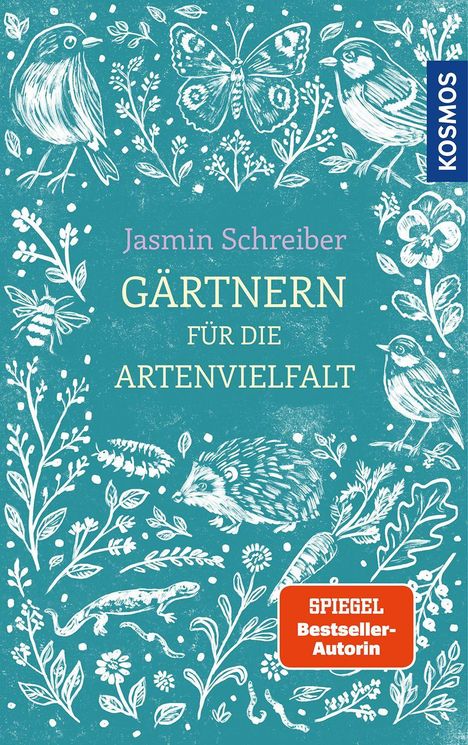 „Jasmin Schreiber: Gärtnern für die Artenvielfalt“. Blaues Cover mit weißen Zeichnungen von Tieren und Pflanzen.